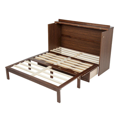 Folding Murphy Bed Pine Wood Cabinet Bed Queen Size Cube Cabinet Bed with Power Station, Drawer and Rattan Decoration Panel