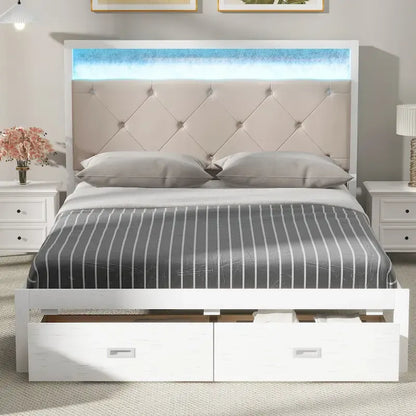 Wood Queen Size Platform Bed with Upholstered Headboard and LED and 2 Drawers