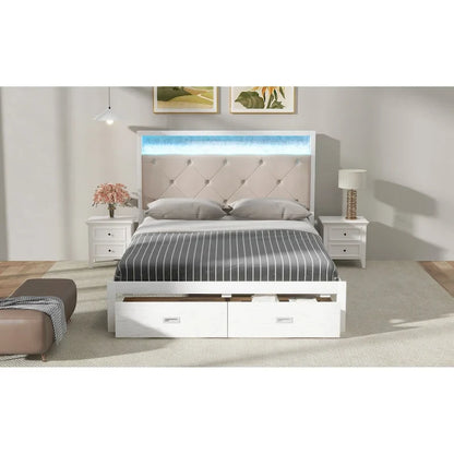 Wood Queen Size Platform Bed with Upholstered Headboard and LED and 2 Drawers