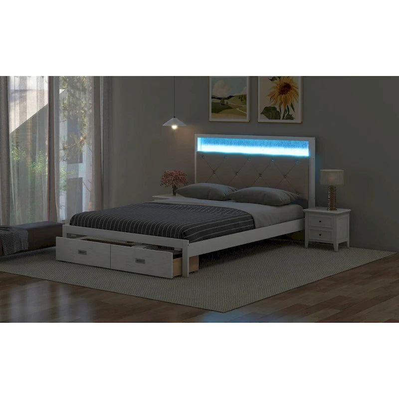 Wood Queen Size Platform Bed with Upholstered Headboard and LED and 2 Drawers