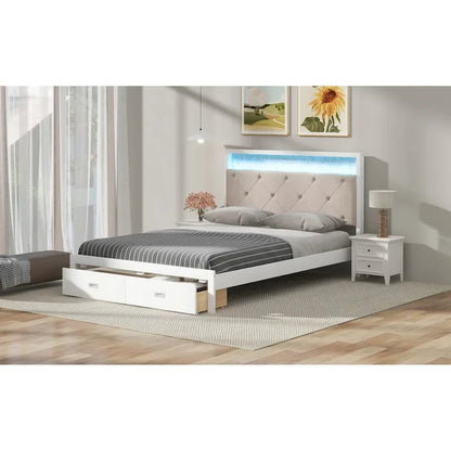 Wood Queen Size Platform Bed with Upholstered Headboard and LED and 2 Drawers
