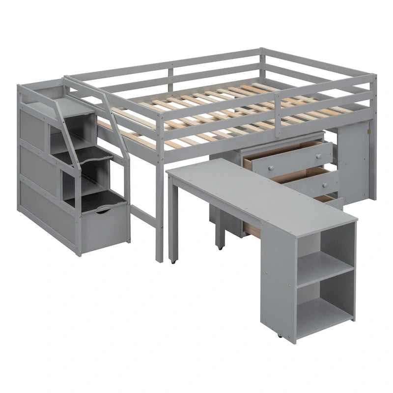 Full Size Loft Bed with Retractable Writing Desk and 3 Drawers, Wooden Loft Bed with Storage Stairs and Shelves