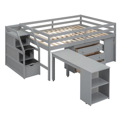 Full Size Loft Bed with Retractable Writing Desk and 3 Drawers, Wooden Loft Bed with Storage Stairs and Shelves