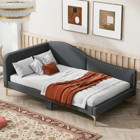 Upholstered Chaise Lounge Side Daybed with Curved Nailhead Trim Guardrail and Headboard, Platform Bed Sofa Bed Recliner Chairs