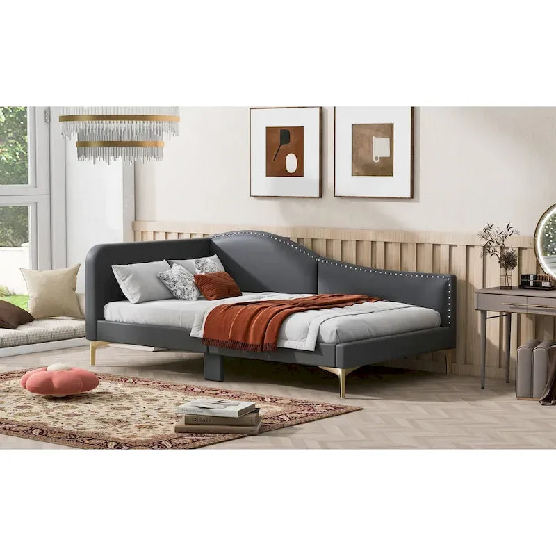 Upholstered Chaise Lounge Side Daybed with Curved Nailhead Trim Guardrail and Headboard, Platform Bed Sofa Bed Recliner Chairs
