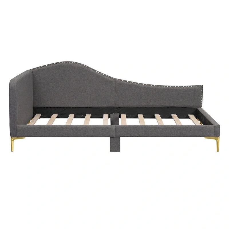 Upholstered Chaise Lounge Side Daybed with Curved Nailhead Trim Guardrail and Headboard, Platform Bed Sofa Bed Recliner Chairs