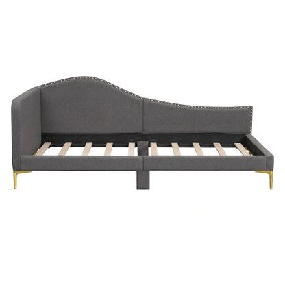 Upholstered Chaise Lounge Side Daybed with Curved Nailhead Trim Guardrail and Headboard, Platform Bed Sofa Bed Recliner Chairs