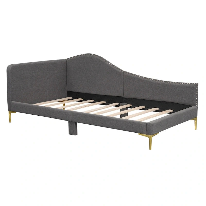 Upholstered Chaise Lounge Side Daybed with Curved Nailhead Trim Guardrail and Headboard, Platform Bed Sofa Bed Recliner Chairs