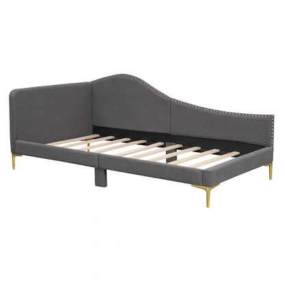 Upholstered Chaise Lounge Side Daybed with Curved Nailhead Trim Guardrail and Headboard, Platform Bed Sofa Bed Recliner Chairs
