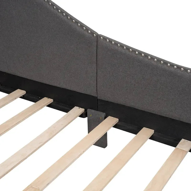 Upholstered Chaise Lounge Side Daybed with Curved Nailhead Trim Guardrail and Headboard, Platform Bed Sofa Bed Recliner Chairs