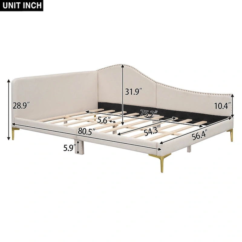 Upholstered Chaise Lounge Side Daybed with Curved Nailhead Trim Guardrail and Headboard, Platform Bed Sofa Bed Recliner Chairs