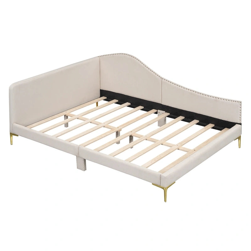 Upholstered Chaise Lounge Side Daybed with Curved Nailhead Trim Guardrail and Headboard, Platform Bed Sofa Bed Recliner Chairs