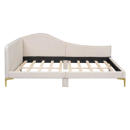 Upholstered Chaise Lounge Side Daybed with Curved Nailhead Trim Guardrail and Headboard, Platform Bed Sofa Bed Recliner Chairs