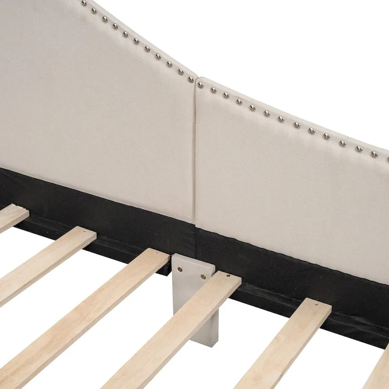 Upholstered Chaise Lounge Side Daybed with Curved Nailhead Trim Guardrail and Headboard, Platform Bed Sofa Bed Recliner Chairs