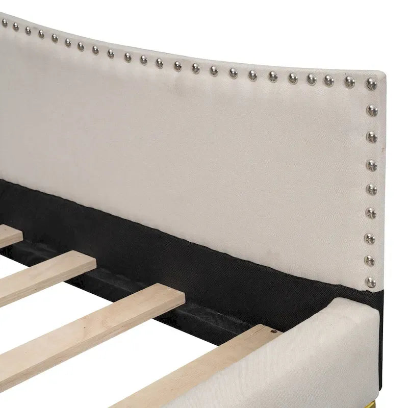 Upholstered Chaise Lounge Side Daybed with Curved Nailhead Trim Guardrail and Headboard, Platform Bed Sofa Bed Recliner Chairs