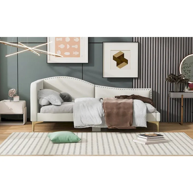 Upholstered Chaise Lounge Side Daybed with Curved Nailhead Trim Guardrail and Headboard, Platform Bed Sofa Bed Recliner Chairs