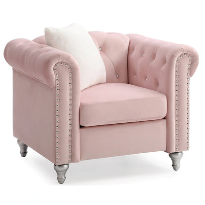 Solid Tufted Velvet Accent Chair with Throw Pillow - 38 - Pink