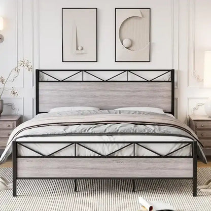 Bed Frame with Headboard, Industrial Platform Queen Bed Frame with 14 Strong Metal Slats Support
