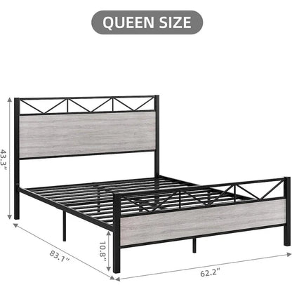 Bed Frame with Headboard, Industrial Platform Queen Bed Frame with 14 Strong Metal Slats Support