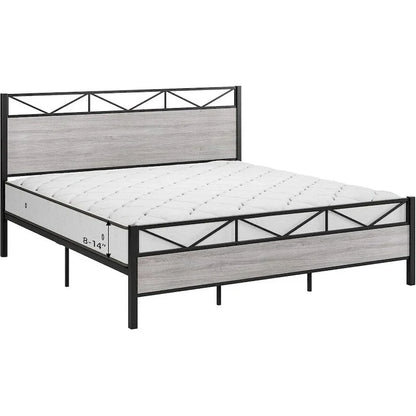 Bed Frame with Headboard, Industrial Platform Queen Bed Frame with 14 Strong Metal Slats Support