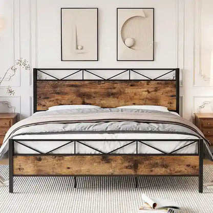 Bed Frame with Headboard, Industrial Platform Queen Bed Frame with 14 Strong Metal Slats Support