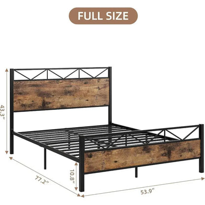 Bed Frame with Headboard, Industrial Platform Queen Bed Frame with 14 Strong Metal Slats Support