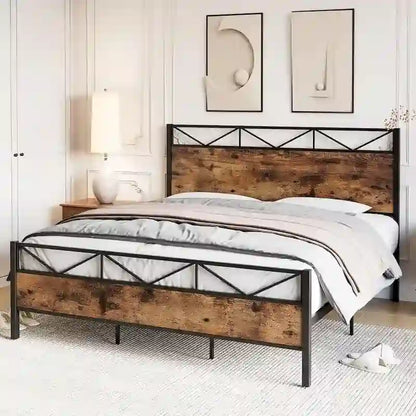 Bed Frame with Headboard, Industrial Platform Queen Bed Frame with 14 Strong Metal Slats Support