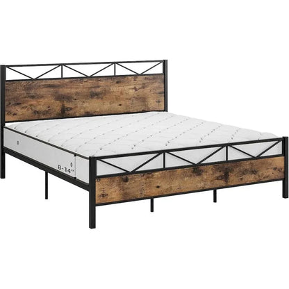 Bed Frame with Headboard, Industrial Platform Queen Bed Frame with 14 Strong Metal Slats Support