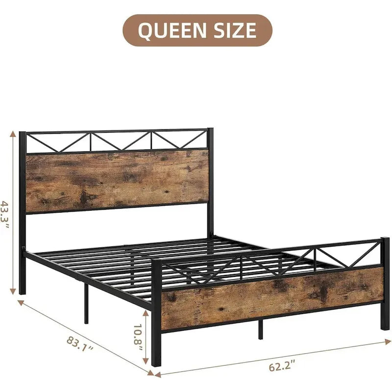 Bed Frame with Headboard, Industrial Platform Queen Bed Frame with 14 Strong Metal Slats Support