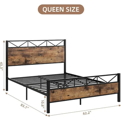 Bed Frame with Headboard, Industrial Platform Queen Bed Frame with 14 Strong Metal Slats Support