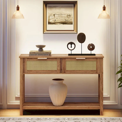 Entryway Table, Console Table with Rattan 2 Drawers, Wood Sofa Table with Storage
