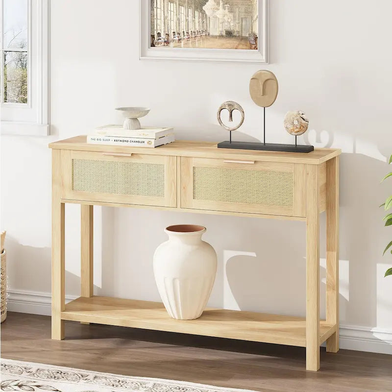 Entryway Table, Console Table with Rattan 2 Drawers, Wood Sofa Table with Storage