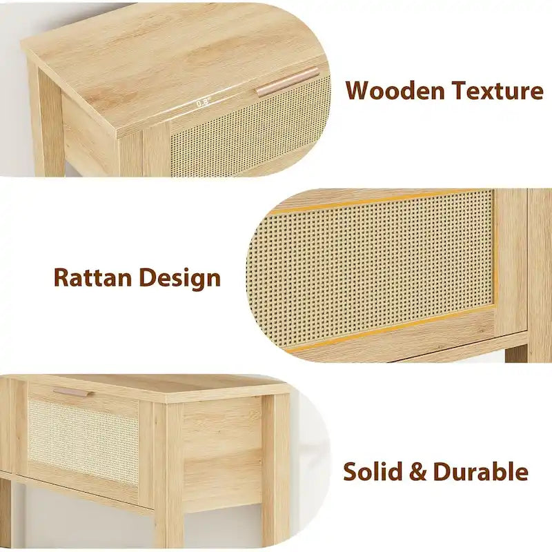 Entryway Table, Console Table with Rattan 2 Drawers, Wood Sofa Table with Storage