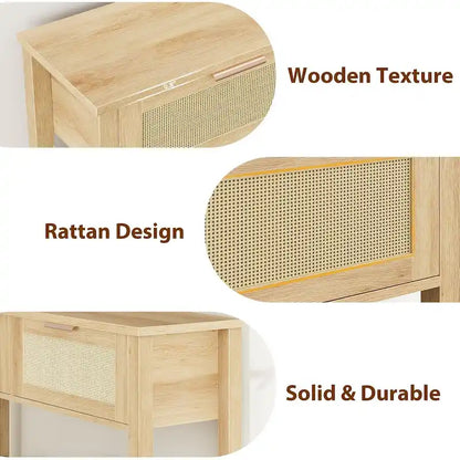 Entryway Table, Console Table with Rattan 2 Drawers, Wood Sofa Table with Storage