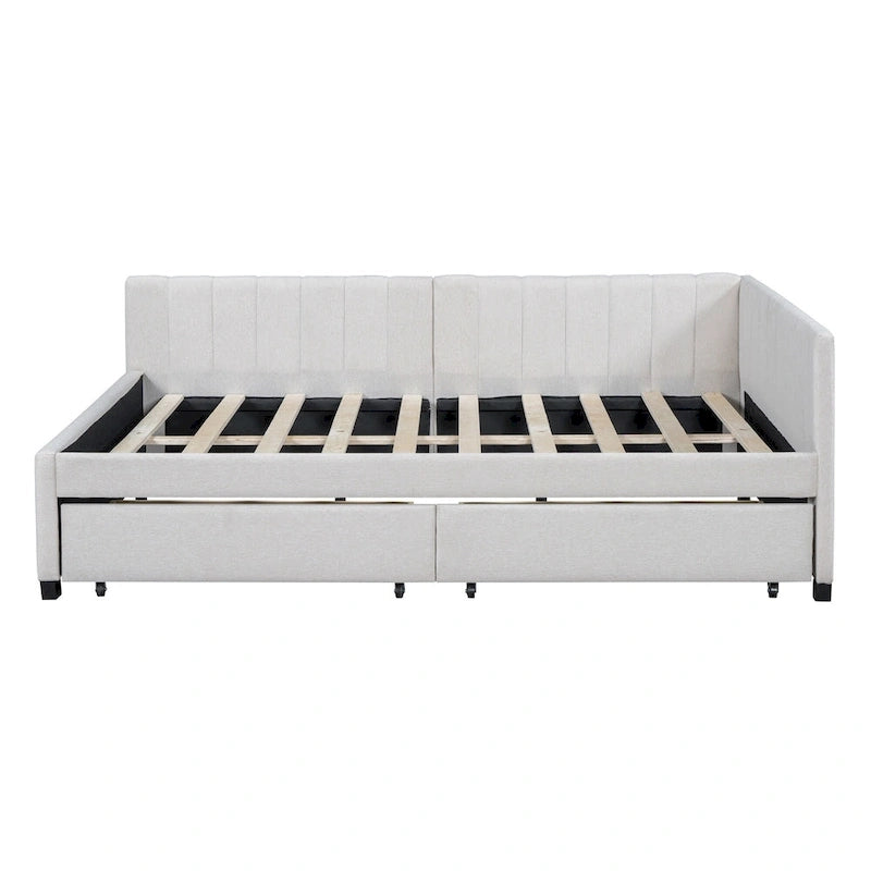 Full Size Upholstered Daybed with 2 Storage Drawers Sofa Bed Frame No Box Spring Needed, Linen Fabric, Beige
