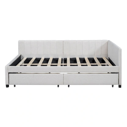 Full Size Upholstered Daybed with 2 Storage Drawers Sofa Bed Frame No Box Spring Needed, Linen Fabric, Beige