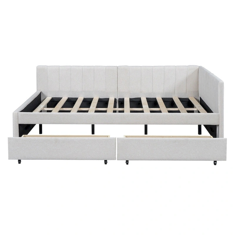Full Size Upholstered Daybed with 2 Storage Drawers Sofa Bed Frame No Box Spring Needed, Linen Fabric, Beige