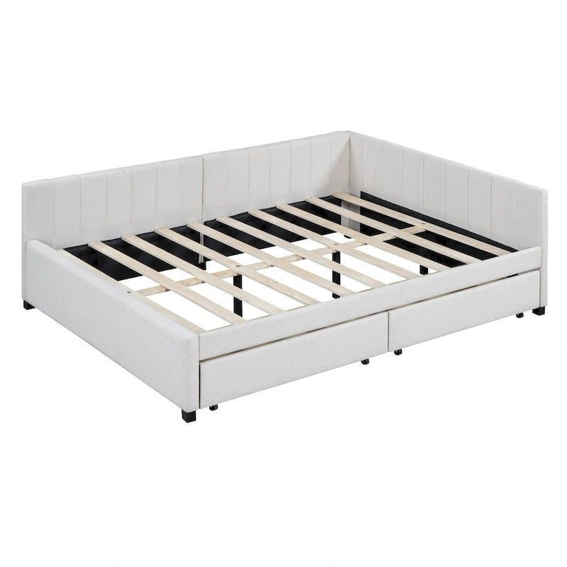 Full Size Upholstered Daybed with 2 Storage Drawers Sofa Bed Frame No Box Spring Needed, Linen Fabric, Beige