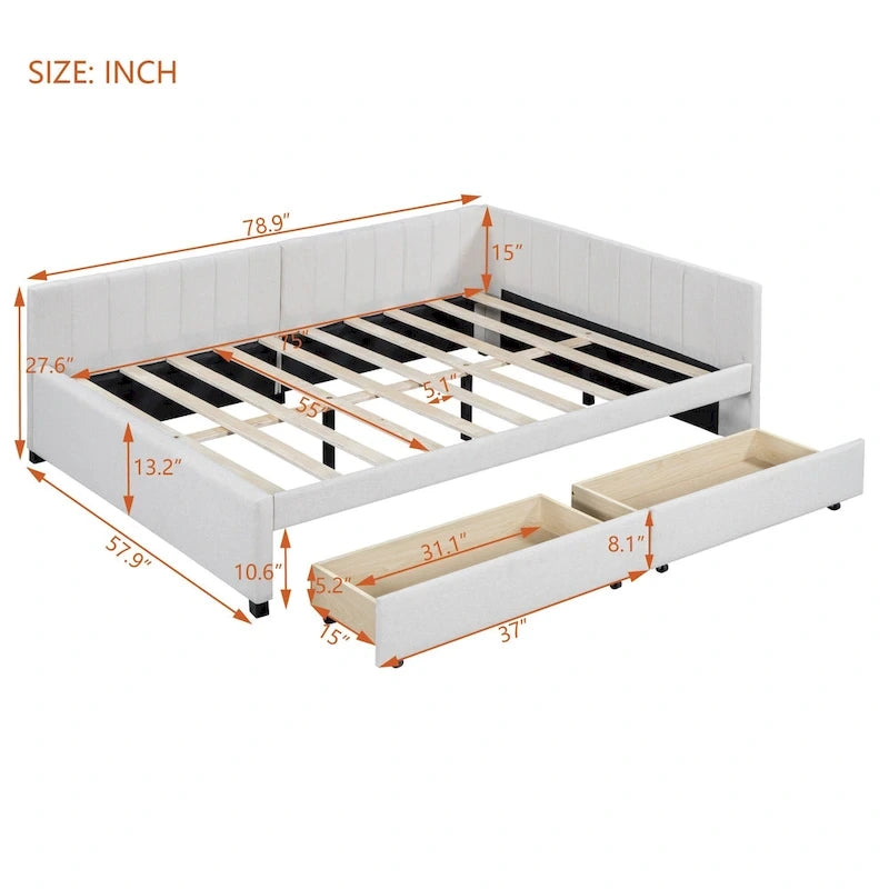 Full Size Upholstered Daybed with 2 Storage Drawers Sofa Bed Frame No Box Spring Needed, Linen Fabric, Beige