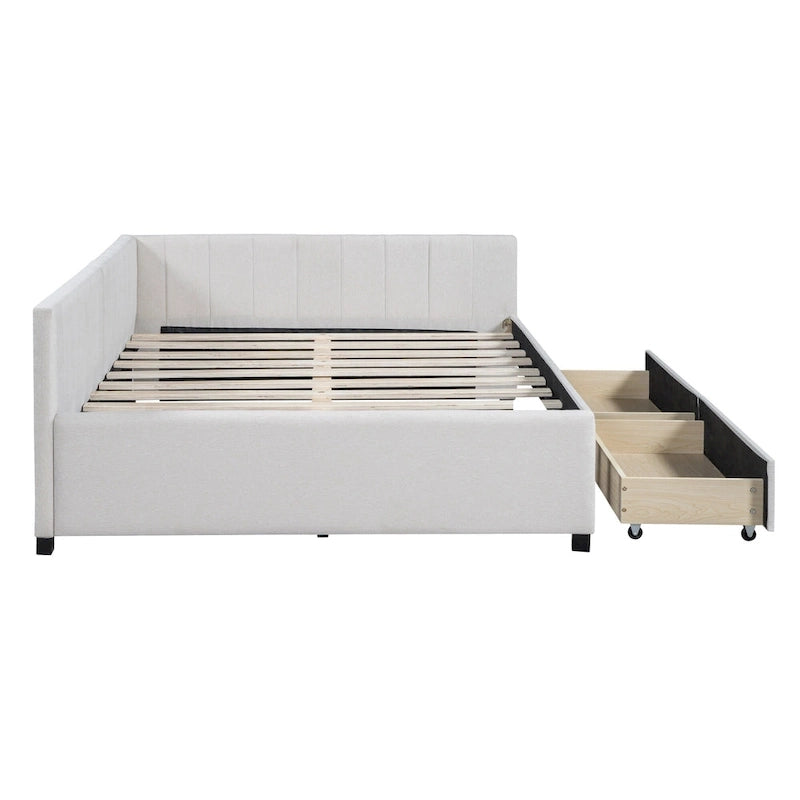 Full Size Upholstered Daybed with 2 Storage Drawers Sofa Bed Frame No Box Spring Needed, Linen Fabric, Beige
