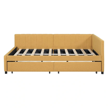 Full Size Upholstered Daybed with 2 Storage Drawers Sofa Bed Frame No Box Spring Needed, Linen Fabric, Beige