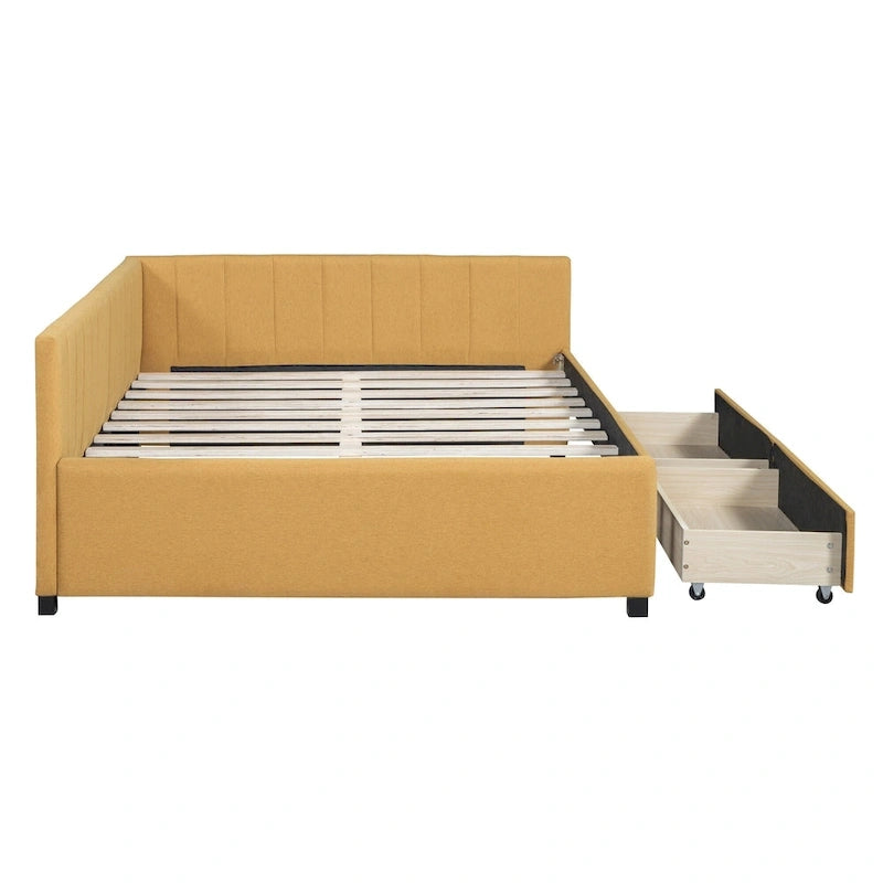 Full Size Upholstered Daybed with 2 Storage Drawers Sofa Bed Frame No Box Spring Needed, Linen Fabric, Beige