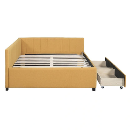 Full Size Upholstered Daybed with 2 Storage Drawers Sofa Bed Frame No Box Spring Needed, Linen Fabric, Beige