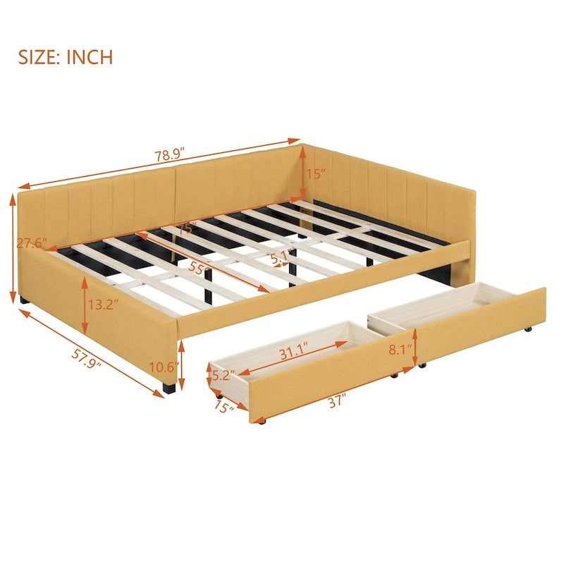 Full Size Upholstered Daybed with 2 Storage Drawers Sofa Bed Frame No Box Spring Needed, Linen Fabric, Beige