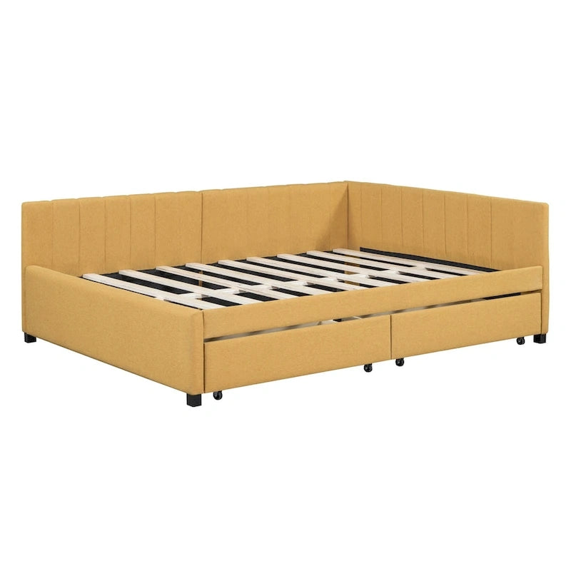 Full Size Upholstered Daybed with 2 Storage Drawers Sofa Bed Frame No Box Spring Needed, Linen Fabric, Beige