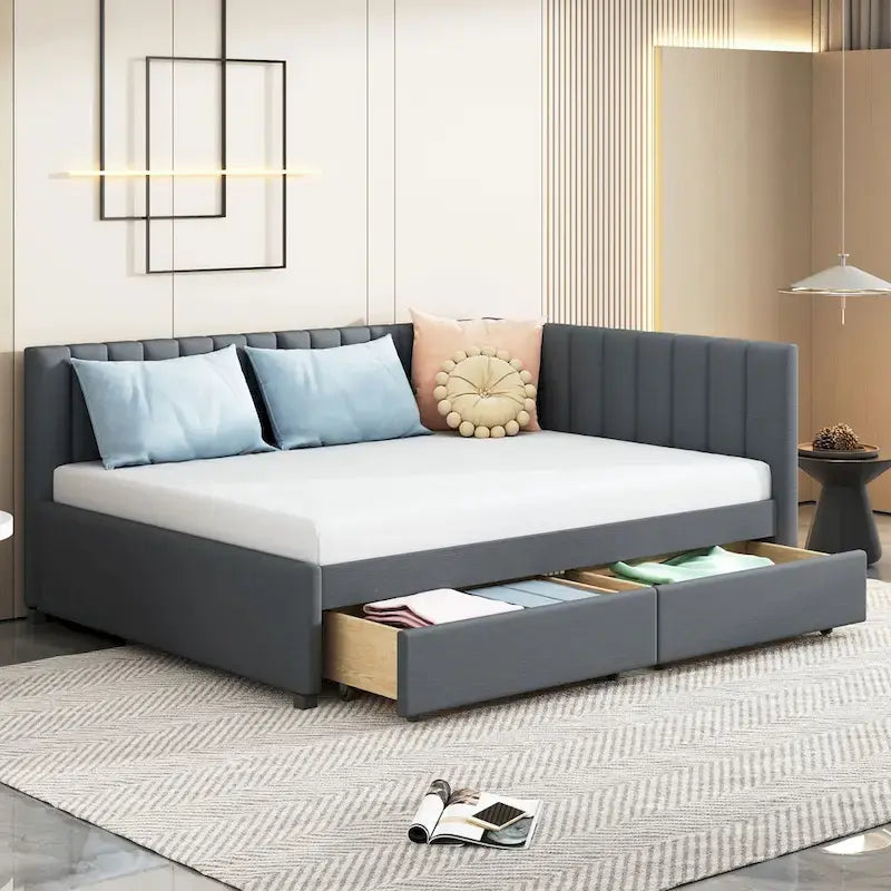 Full Size Upholstered Daybed with 2 Storage Drawers Sofa Bed Frame No Box Spring Needed, Linen Fabric, Beige