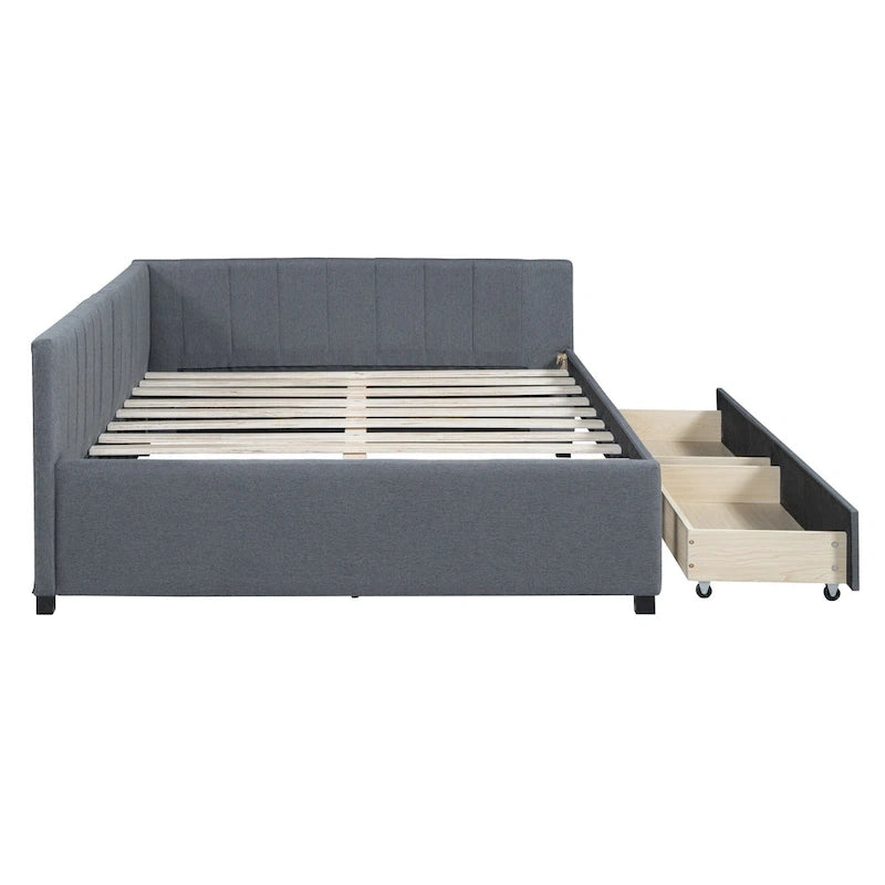 Full Size Upholstered Daybed with 2 Storage Drawers Sofa Bed Frame No Box Spring Needed, Linen Fabric, Beige