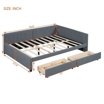 Full Size Upholstered Daybed with 2 Storage Drawers Sofa Bed Frame No Box Spring Needed, Linen Fabric, Beige