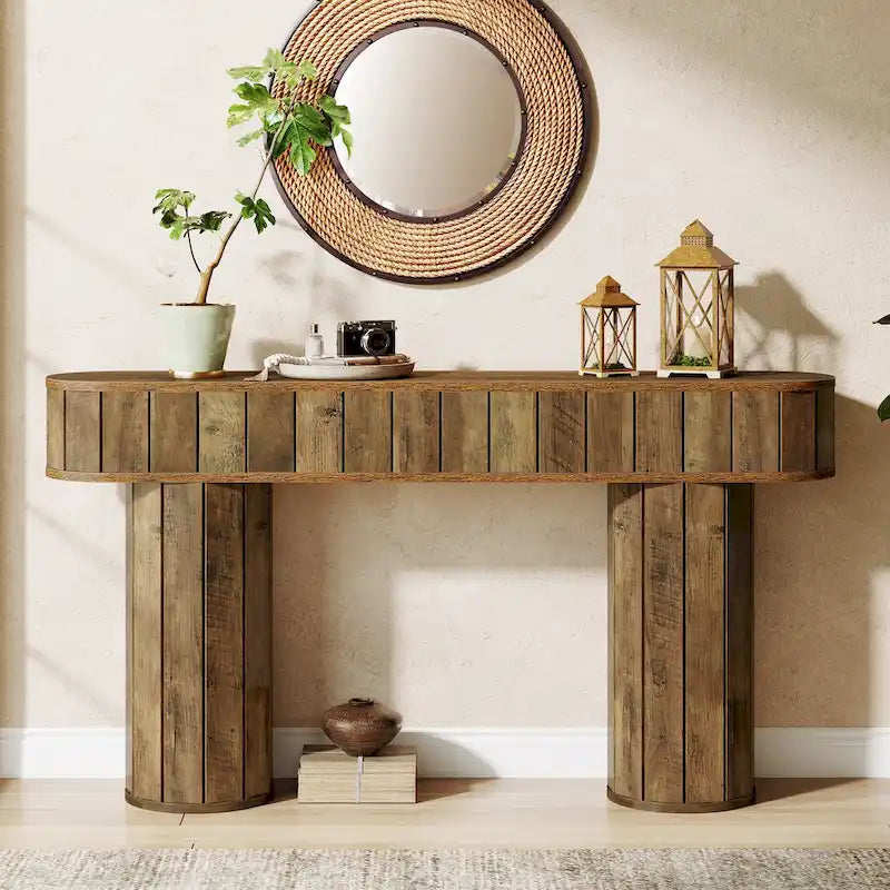 63-Inch Farmhouse Console Table for Entryway, Hallway, Rustic Brown