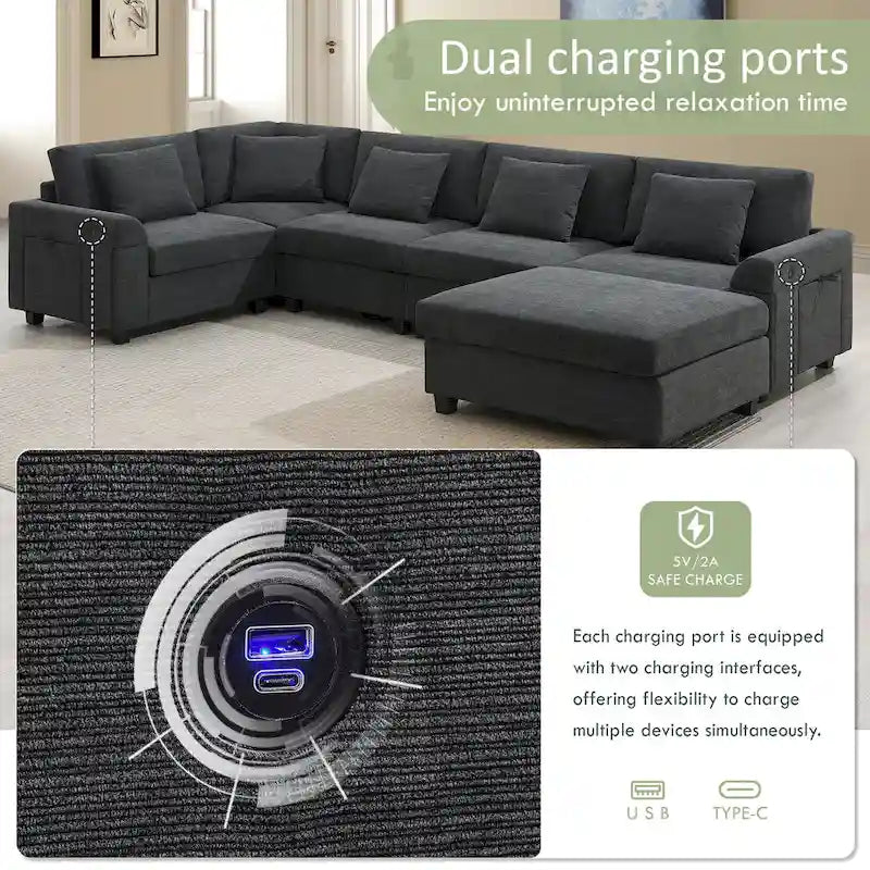 128 Chenille U-Shaped Sectional Sofa with Ottoman, 6-Seater Couch Set and Hidden Storage, USB Charging & Cup Holders